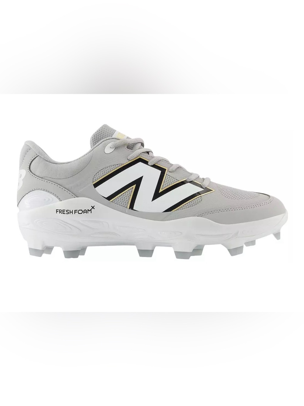 New Balance Gray and White Fresh Foam Baseball Cleats with Gold Trim Mens 9.5